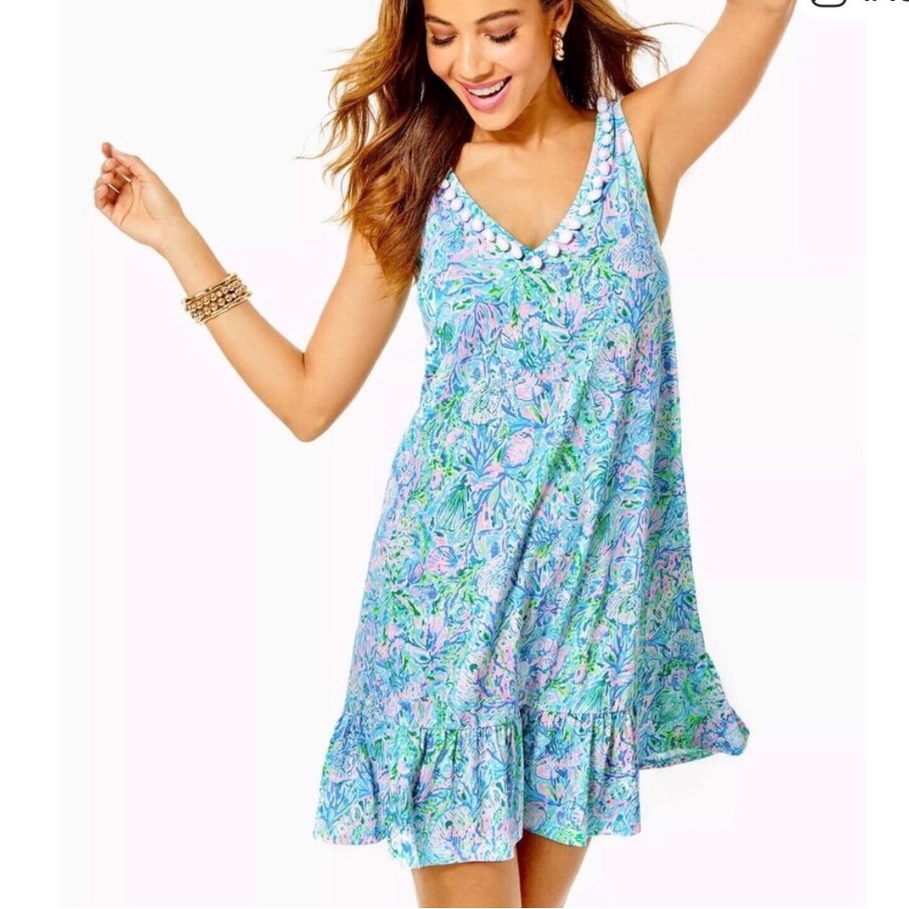 Lilly Pulitzer Floral Mini Dress in Blue and Green with Cotton Pom Poms